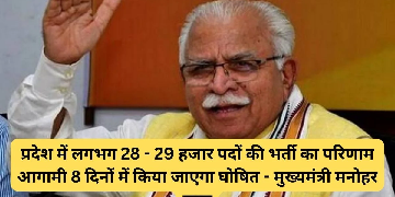 प्रदेश में लगभग 28 – 29 हजार पदों की भर्ती का परिणाम आगामी 8 दिनों में किया जाएगा घोषित – मुख्यमंत्री मनोहर लाल